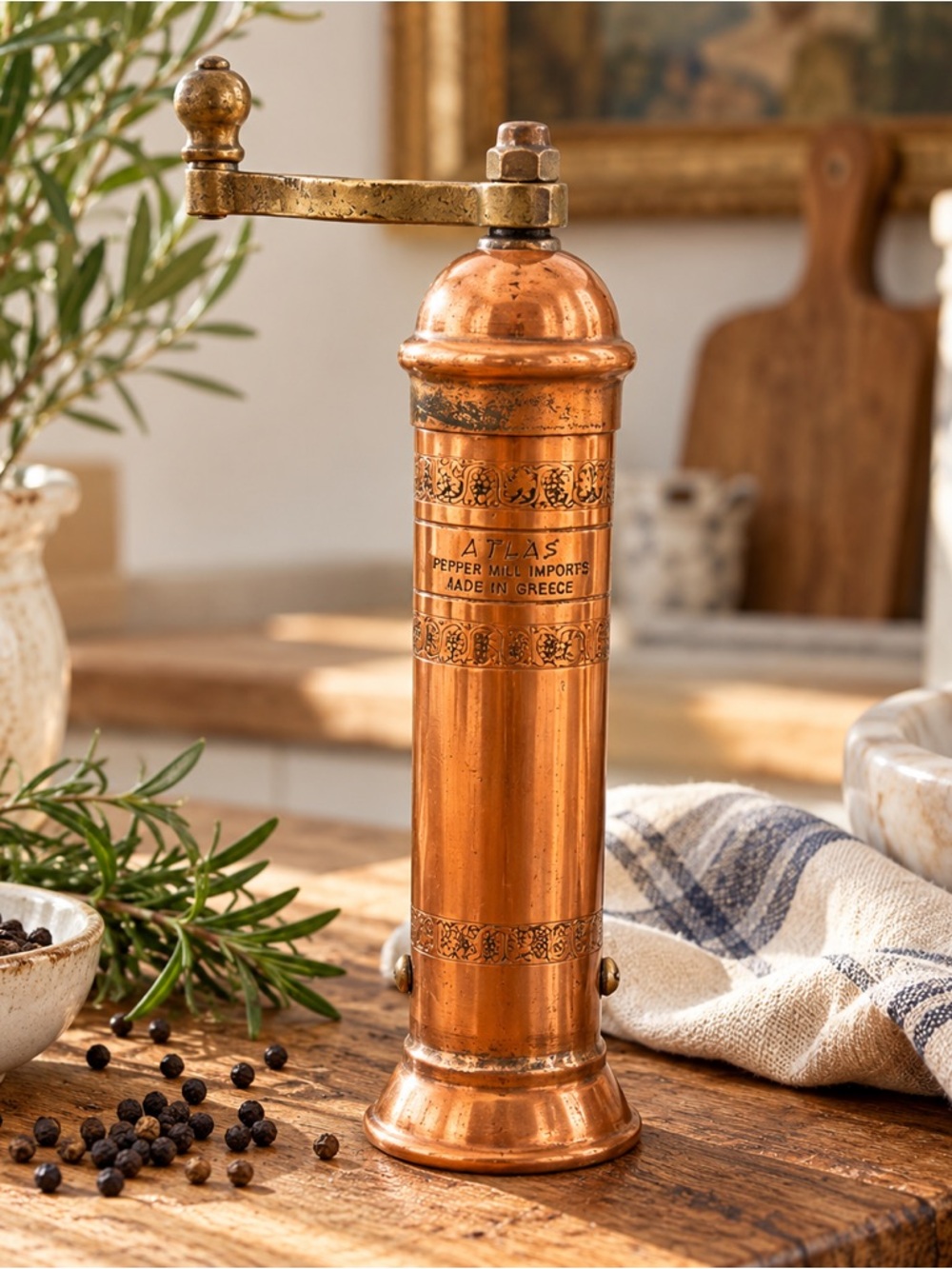 Atlas Copper & Brass Pepper Mill 9” Handmade Greece Hand Crank Grinder